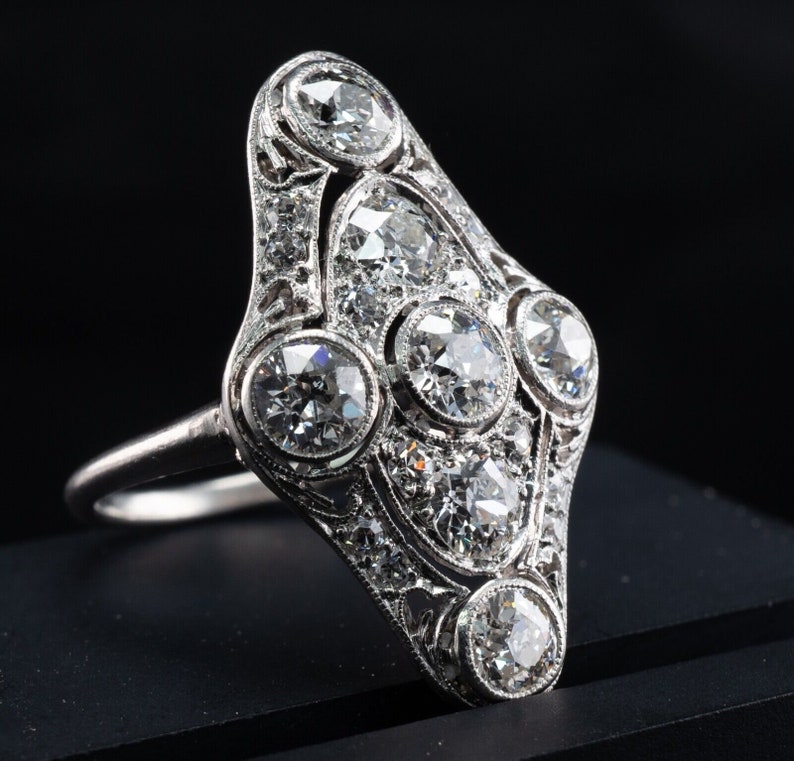 Edwardian Diamond Ring, Vintage Antique Estate Platinum 2.06 TDW image 2