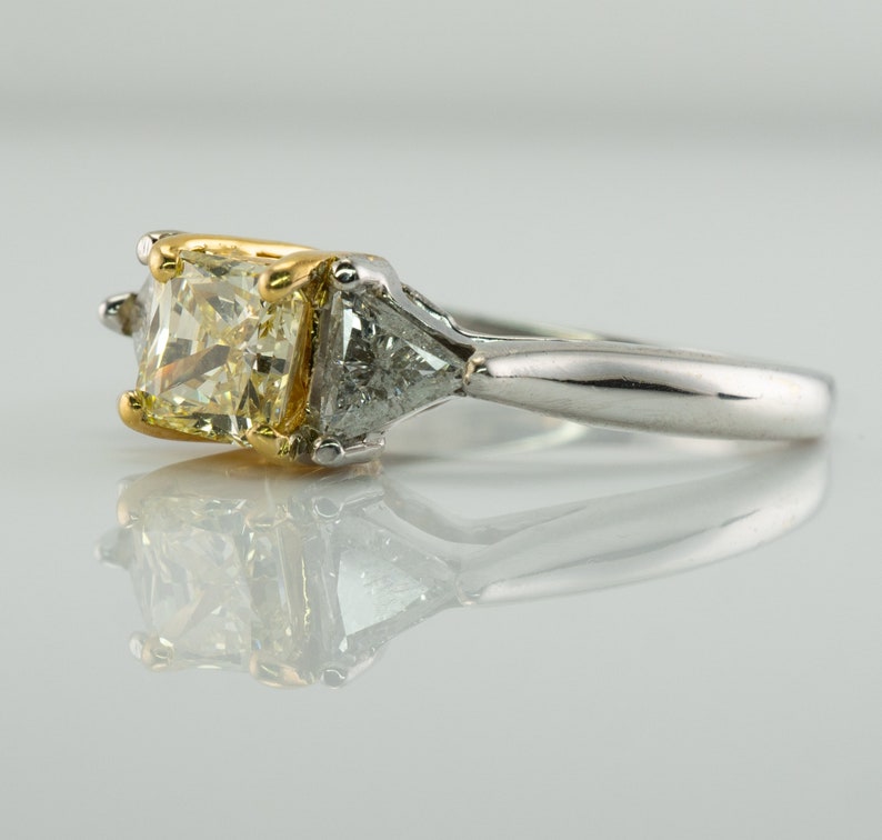 Fancy Yellow Diamond Ring, Vintage 18K White Gold Engagement Wedding Three Stone Ring.