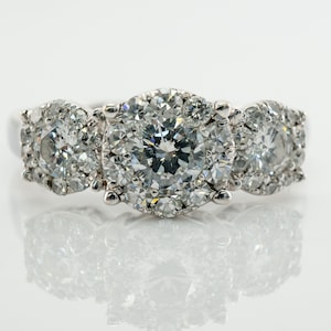 Three Stone Diamond Halo Ring, Vintage 14K Gold Band Engagement Wedding Ring.