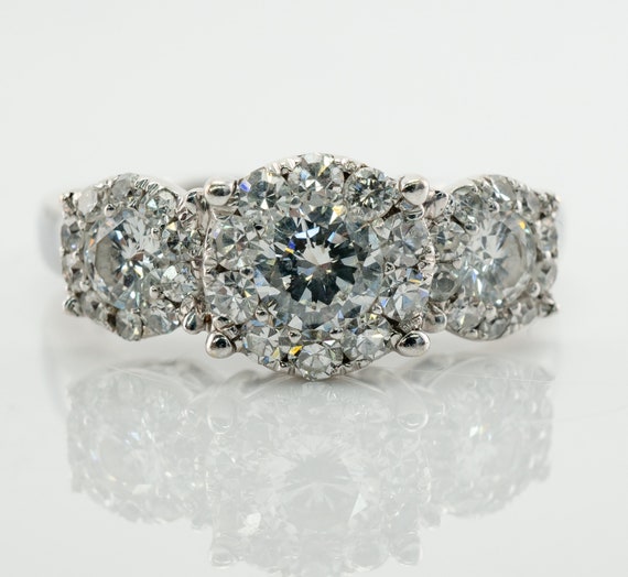 Diamond Halo Ring, Vintage 14K White Gold Band Engagement Wedding