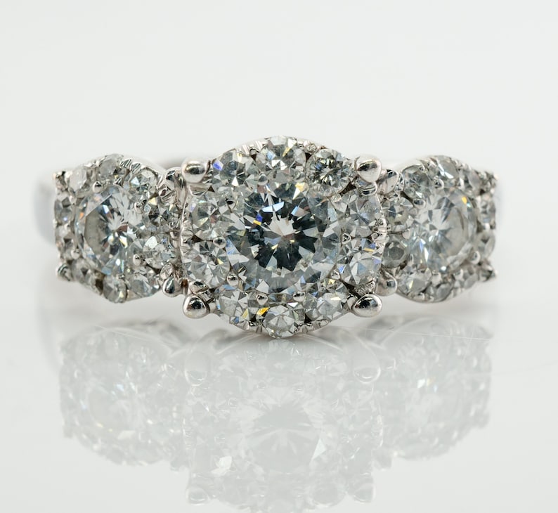 Three Stone Diamond Halo Ring, Vintage 14K Gold Band Engagement Wedding Ring.