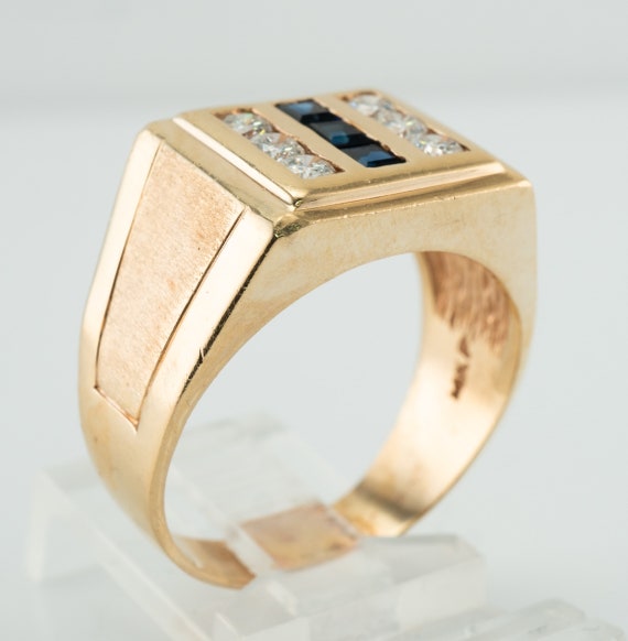 Mens Diamond Sapphire Ring, 14K Gold Band - image 7