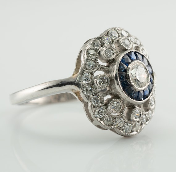 Art Deco Diamond Sapphire Ring, Vintage 14K Gold - image 3