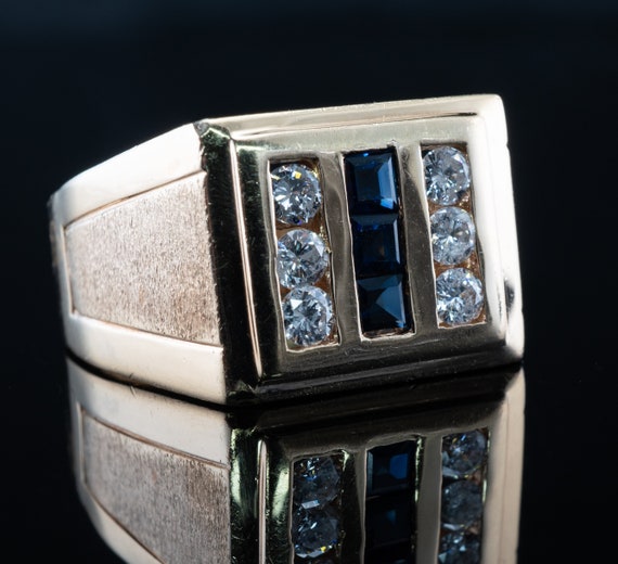 Mens Diamond Sapphire Ring, 14K Gold Band - image 9