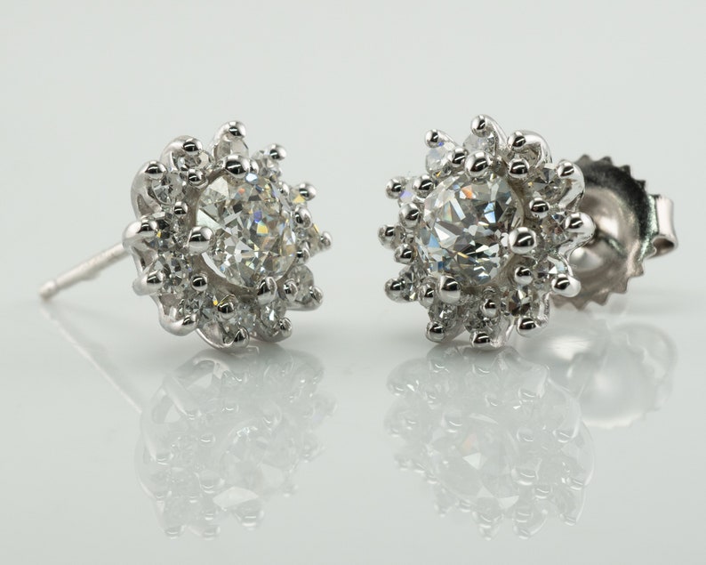 Diamond Earrings, Floral Flower, Vintage 14K Gold 1.72 TDW image 2
