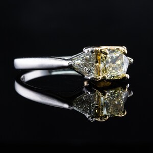 Fancy Yellow Diamond Ring, Vintage 18K White Gold Engagement Wedding Three Stone Ring.