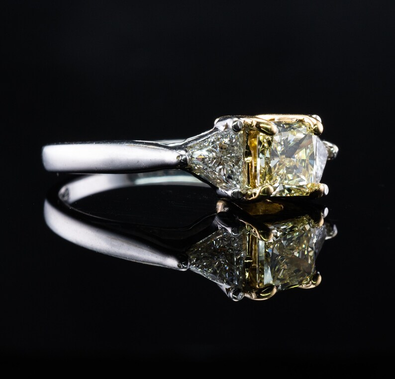 Fancy Yellow Diamond Ring, Vintage 18K White Gold Engagement Wedding Three Stone Ring.