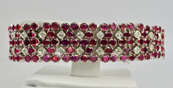 Diamond Ruby Bracelet, Vintage Estate 14K White G… - image 9