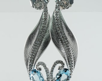 Diamond Aquamarine Earrings 18K White Gold Dangle Leaf