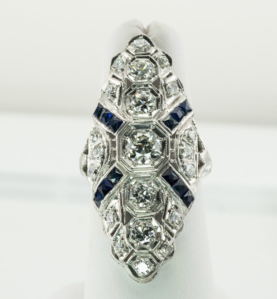 Edwardian Diamond Sapphire Ring, Antique Platinum… - image 1