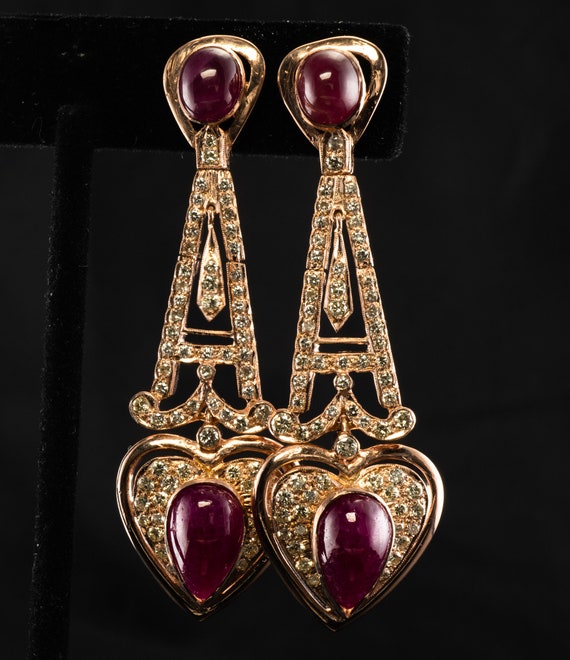 Diamond Ruby Heart Earrings, 18K Rose Gold - image 2