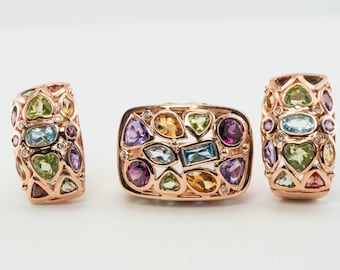 14K Rose Gold Jewelry Set, Topaz Peridot Tourmaline Ring Earrings Citrine Amethyst Diamond