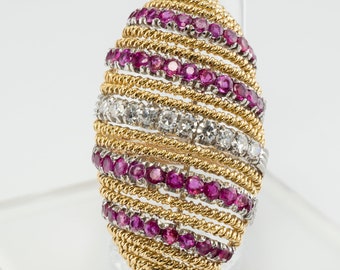 Diamond Ruby Dome Ring, Vintage Estate 18K Yellow Gold Cocktail