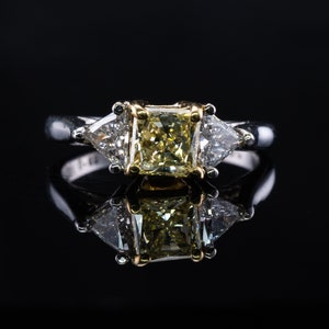 Fancy Yellow Diamond Ring, Vintage 18K White Gold Engagement Wedding Three Stone Ring.