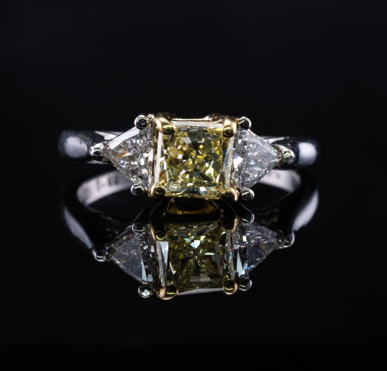 Fancy Yellow Diamond Ring, Vintage 18K White Gold Engagement Wedding Three Stone Ring.