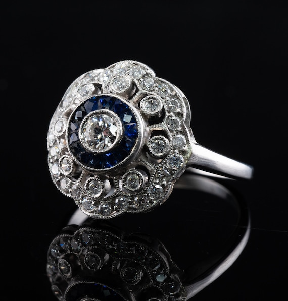 Art Deco Diamond Sapphire Ring, Vintage 14K Gold - image 1