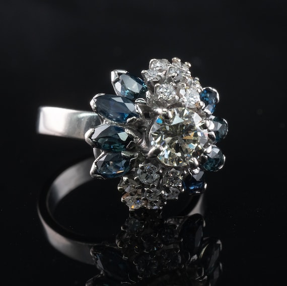 Diamond Sapphire Ring, Vintage 18K White Gold, Co… - image 2