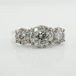 Three Stone Diamond Halo Ring, Vintage 14K Gold Band Engagement Wedding Ring.