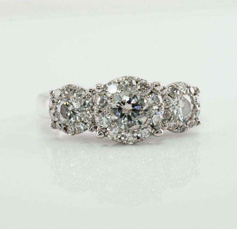 Three Stone Diamond Halo Ring, Vintage 14K Gold Band Engagement Wedding Ring.