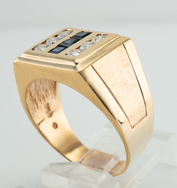 Mens Diamond Sapphire Ring, 14K Gold Band - image 8