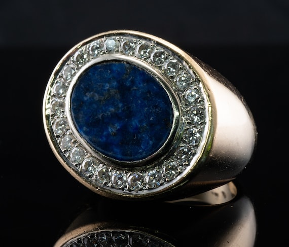 Mens Diamond & Lapis Lazuli Ring, 18K Gold Band - image 2