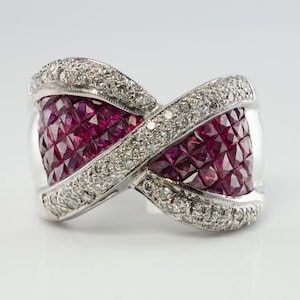 Vintage Estate 18K Gold Ruby Diamond Bow Ring, Genuine French-Cut Rubies & Diamonds