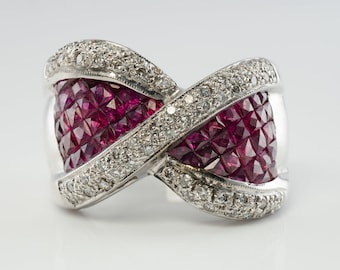 Vintage Estate 18K Gold Ruby Diamond Bow Ring, Genuine French-Cut Rubies & Diamonds