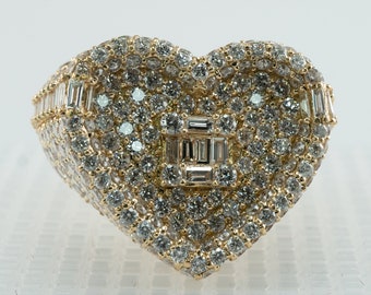 Diamond Heart Ring, Vintage 14K Yellow Gold Band Cocktail Cluster