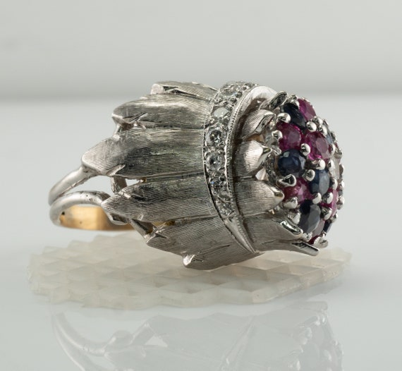 Diamond Ruby Sapphire Ring, Vintage 14K Gold Cock… - image 1