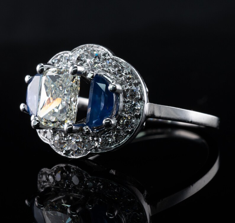 Diamond Blue Ceylon Sapphire Ring, VIntage Estate 14K Gold 1.58 TDW image 5