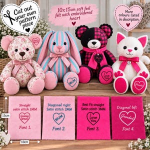 May include: Four plush toys including a floral bear, a striped bunny, a black and pink plaid bear, and a white cat, each with a satin ribbon and heart-shaped tag. Below are four rectangular felt pieces measuring 10x15cm with embroidery samples.