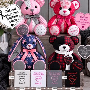 May include: Four plush toys including two bears, one rabbit, and one bear with a red and black plaid pattern. The toys feature embroidered hearts with text like I Love You, MUM, Granny, and Grandad. Includes 10x15cm size labels and font style guides.
