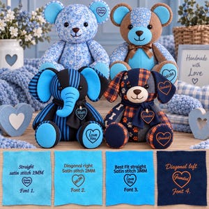 May include: Two plush bears and two plush animals, an elephant and a dog, featuring embroidered hearts with text like Mum, Grandad, and I Love You. Below are four fabric swatches showing embroidery styles labelled Font 1, 2, 3, and 4.