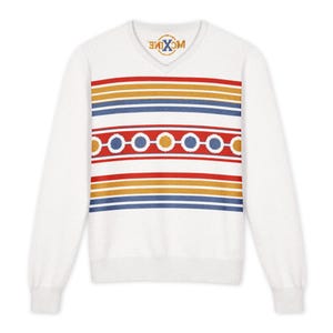 Unisex Knitted Retro Geometric Knitted V-Neck Sweater, 60s Inspired Unisex Knit Pullover, Colour Block Vintage Style Jumper