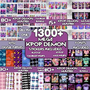 Puede incluir: Imagen promocional que muestra una gran colección de productos temáticos KPOP Demon. La imagen incluye envolturas para vasos, envolturas para tazas, papeles digitales, pegatinas y fuentes. El texto destaca más de 1300 artículos.