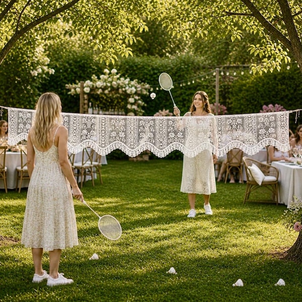 Kanten badmintonnet voor tuinfeesten en bruiloften | Boho bruidsdouche tuinspel | Vintage kanten net | Decoratie voor buitenactiviteiten op bruiloften