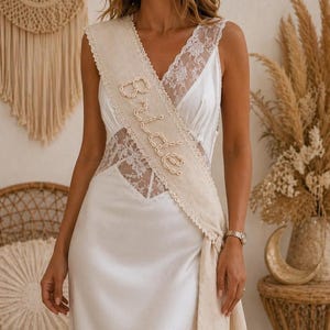 Boho Bride Sash with Cowrie Shell Lettering | Handmade Hens Party Bridal Sash | Beachy Bohemian Bride Outfit | Lace Trim Bridal Shower Gift