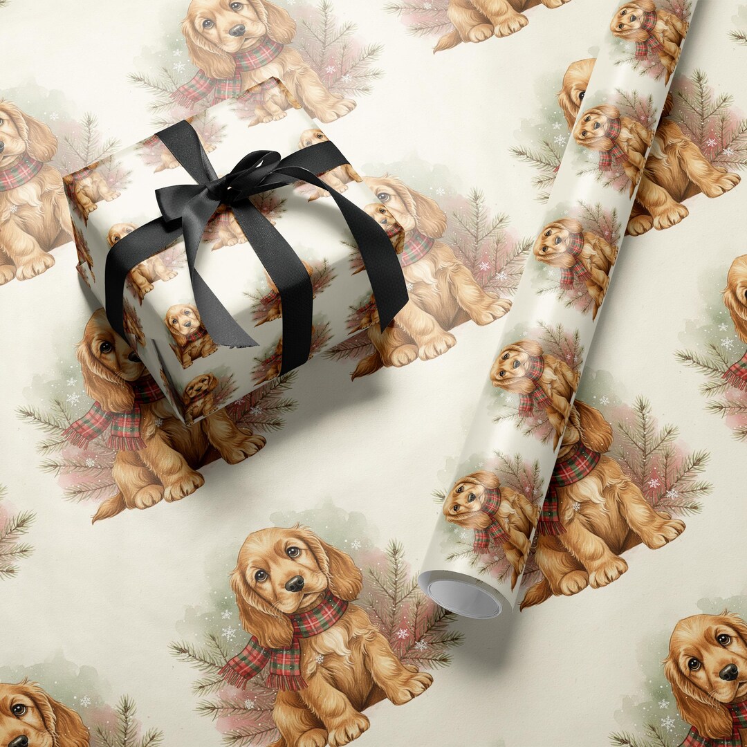 Cocker Spaniel Wrapping Paper | Christmas Dog With Plaid Scarf - Etsy