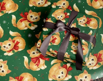 Vintage Weihnachtskätzchen Geschenkpapier | Retro Urlaub Katze Geschenkverpackung | Niedlicher festlicher grüner Druck | Retro Weihnachtsdekor