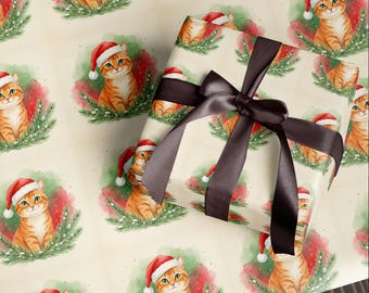 May include: Christmas-themed wrapping paper featuring a repeating pattern of orange tabby cats wearing Santa hats, surrounded by a wreath of green pine needles and red berries. A wrapped gift with a dark brown ribbon is in the foreground.