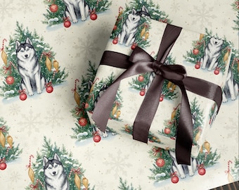 Husky Wrapping Paper | Christmas Tree and Ornament Dog Scene