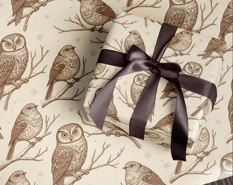 Vintage Christmas Wrapping Paper | Owls & Winter Birds  Brown Winter Wrap