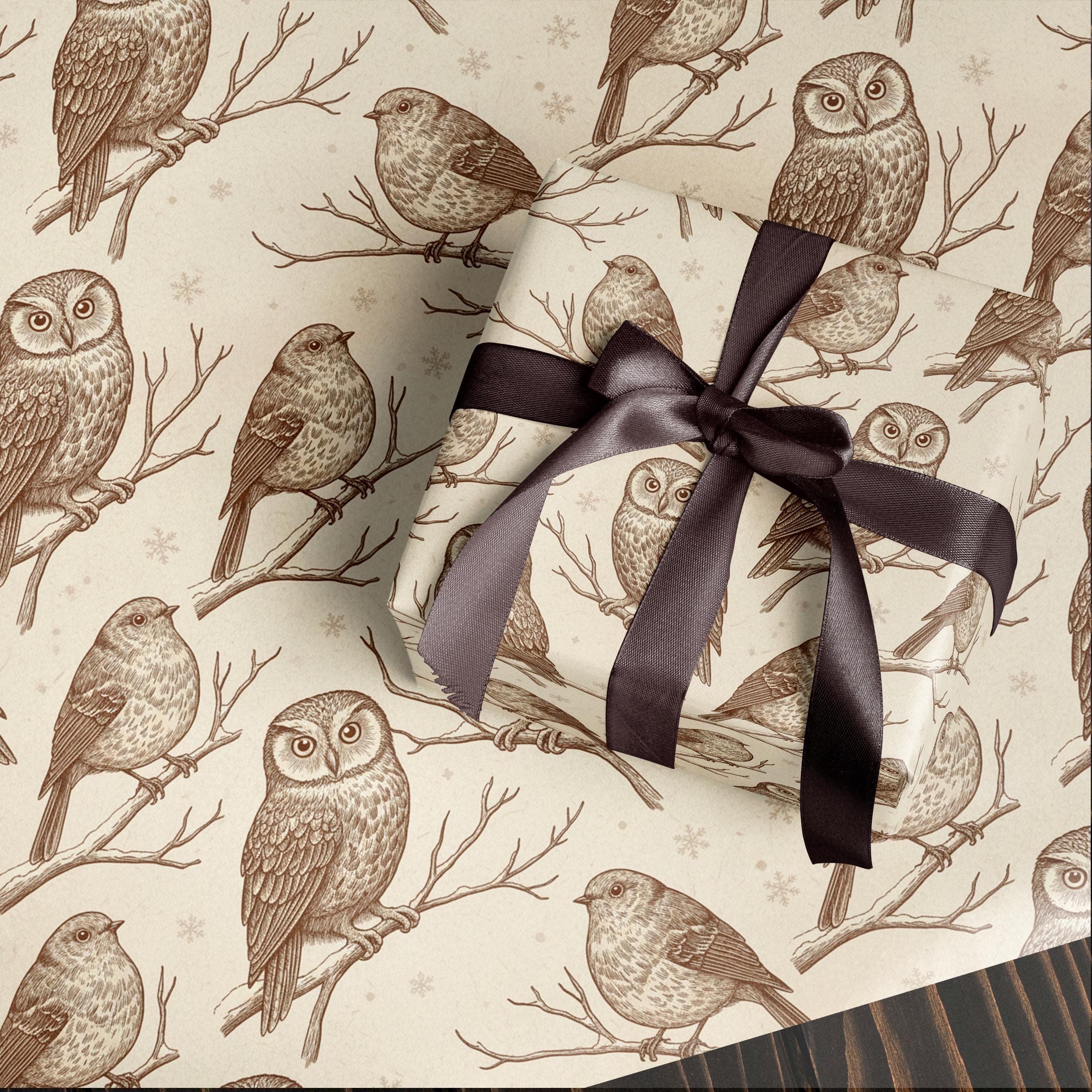 Vintage Christmas Wrapping Paper | Owls & Winter Birds Brown Winter Wrap