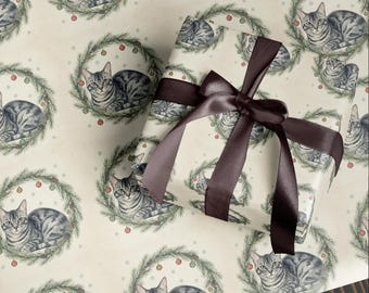Tabby Cat Wrapping Paper | Christmas Cat in Wreath