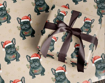 Black French Bulldog Wrapping Paper, Santa Hat and Holly Design