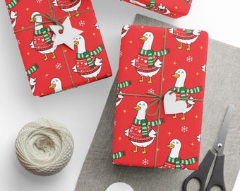 Christmas Goose Wrapping Paper | Holiday Sweater | Funny Red Gift Wrap