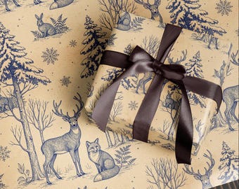 May include: Gift-wrapped present featuring a forest scene with deer, foxes, and rabbits in blue ink on tan paper. The package is tied with a dark brown satin ribbon, creating a festive and nature-inspired aesthetic.