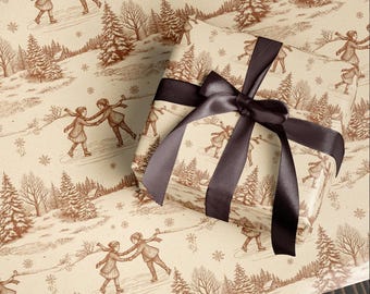 Vintage Christmas Wrapping Paper | Children Ice Skating on Frozen Lake | Brown Winter Wrap