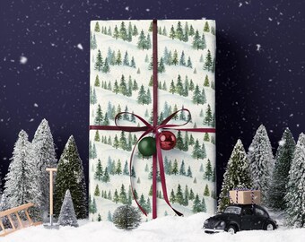 Papel de regalo Snowy Pine Hill / Papel de regalo con acuarela de bosque invernal