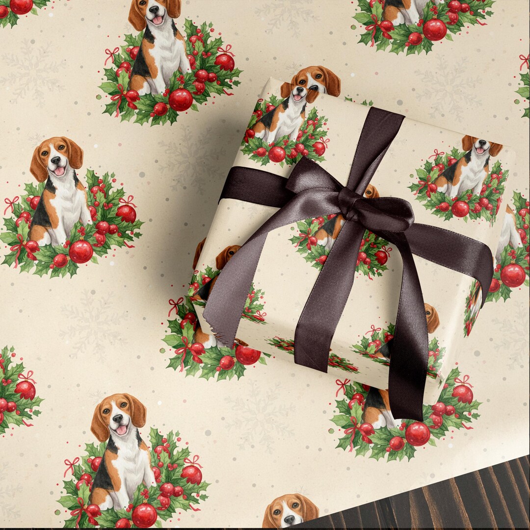 Beagle Wrapping Paper | Watercolor Christmas Wreath Design - Etsy